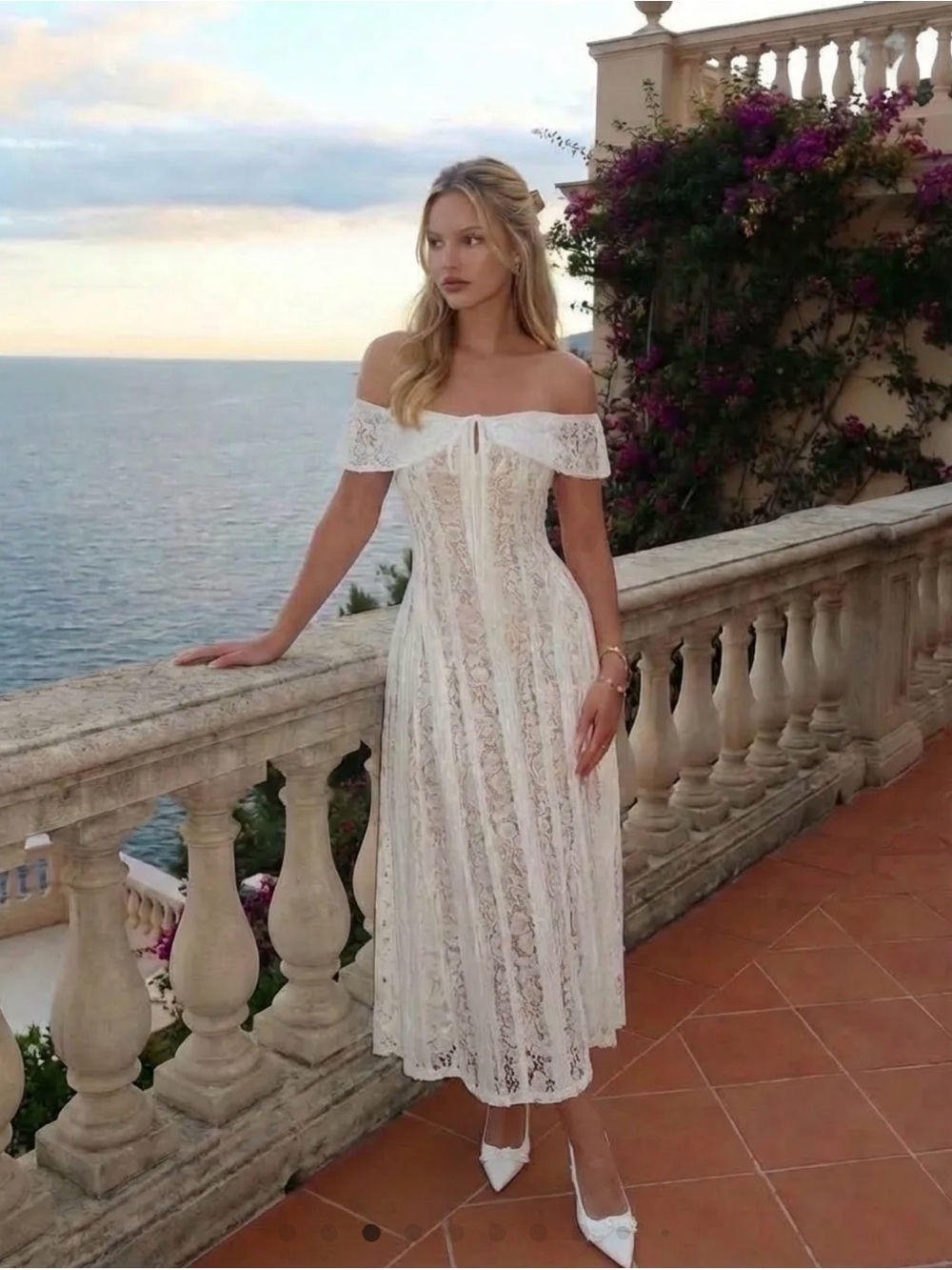 Cider White Off-Shoulder Lace Midi Dress